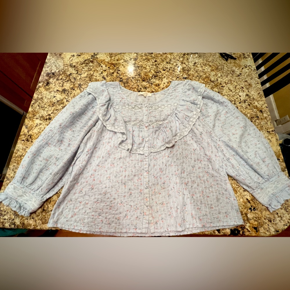 LoveShackFancy baby blue print blouse size large good condition